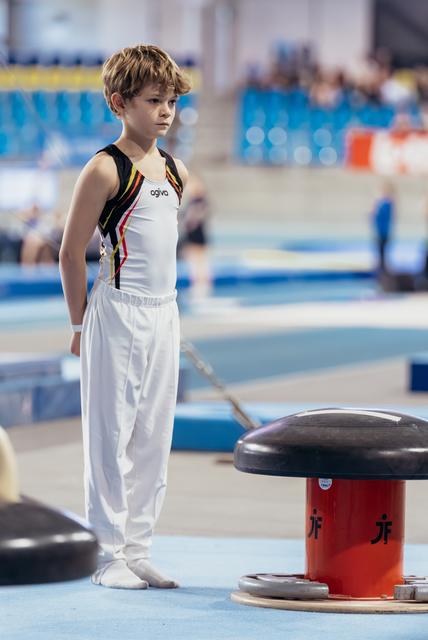 Young gymnast in Belgian colors stands still, focused and composed, preparing beside the pommel horse in a gymnasium.