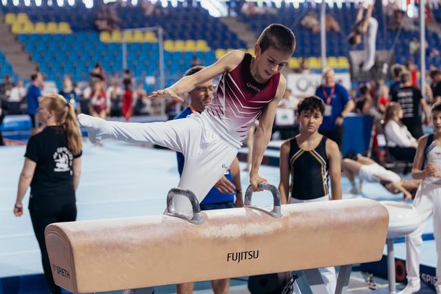 Young male gymnast performs on pommel horse, leaning forward with intense focus, competitors and coaches visible behind.