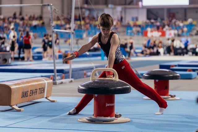 Young male gymnast performs a straddle on the pommel horse, focused and controlled, in a busy competition arena.