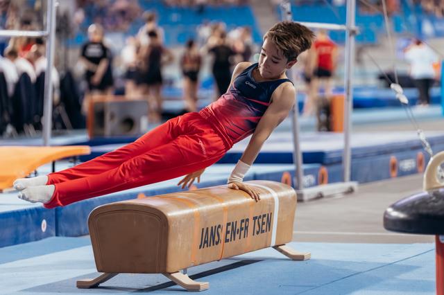 Young male gymnast performs a planche hold on the pommel horse, body parallel to floor, intense concentration during competition.