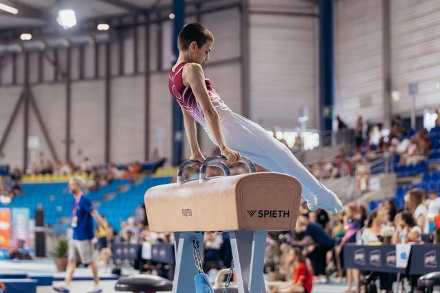Young male gymnast stands focused on a Spieth pommel horse during a competitive gymnastics meet.