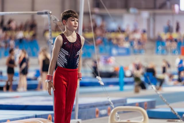 Young male gymnast stands composed and focused near the parallel bars, wearing red trousers and a dark leotard.