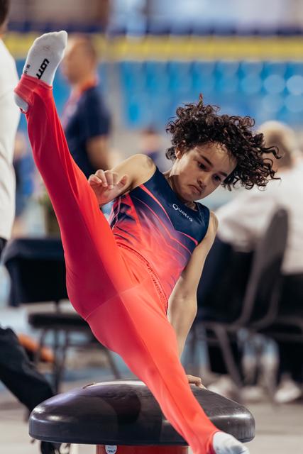 Young gymnast executes a high leg split on the pommel horse, face set with intense concentration during competition.