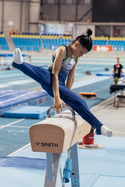 Female gymnast in blue leotard performs on a Spieth pommel horse, legs split wide, focused expression in a competition arena.