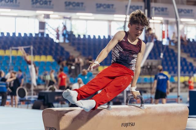 Young male gymnast grips pommel horse handles with intense focus, red pants, in a busy gymnastics arena.