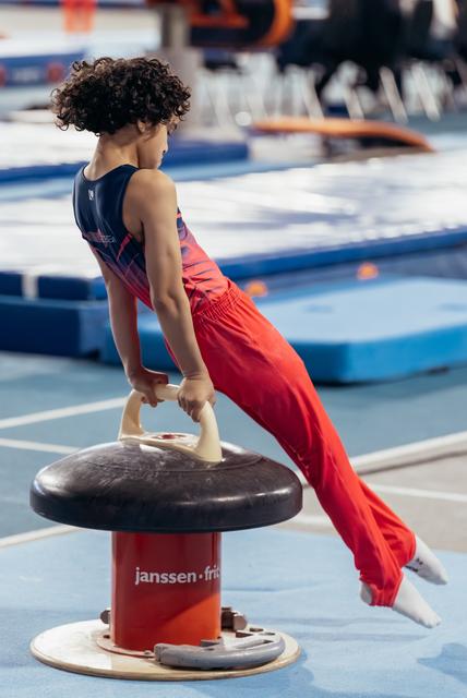 Young male gymnast holds a difficult position on the pommel horse, body horizontal, showing strength and concentration.