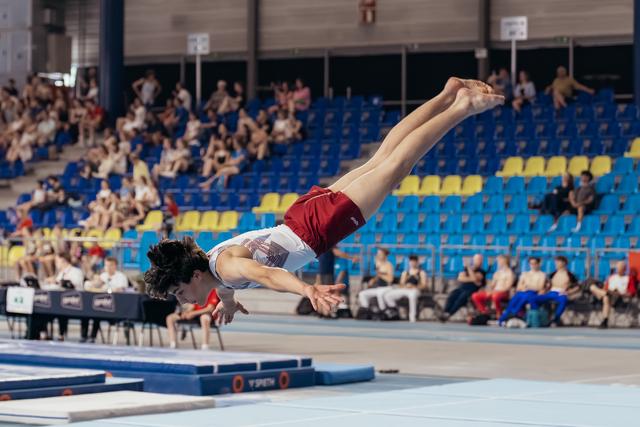 Young male gymnast executes a dramatic dive roll on floor, body fully extended, in a packed indoor arena.