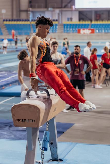 Young male gymnast performs on pommel horse, focused expression, wearing orange-black leotard in busy arena.