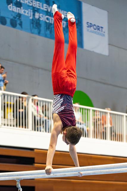 Young athlete performing a perfect handstand on parallel bars during an indoor competition with spectators in background