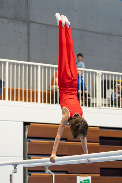 Athlete performing a vertical handstand on parallel bars wearing red uniform, demonstrating balance and strength