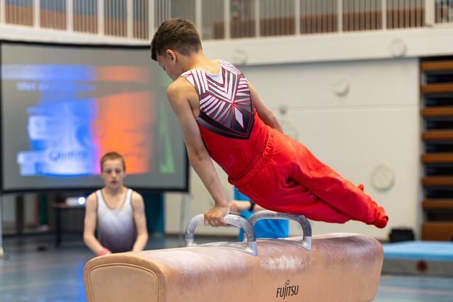 Athlete performs horizontal planche hold on pommel horse apparatus during training session, teammate observing in background