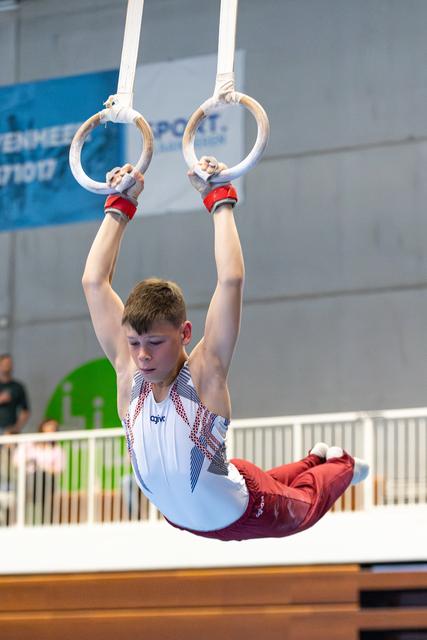 Young athlete demonstrating concentration while performing a still rings routine at an indoor sports competition