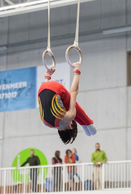 Gymnast performing an inverted hang on still rings, wearing a red and black leotard with yellow accents, spectators watching