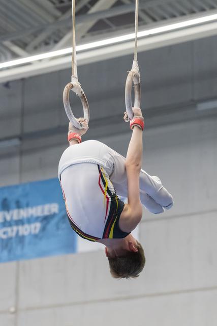Gymnast performs inverted position on still rings, displaying strength and control during routine in indoor arena