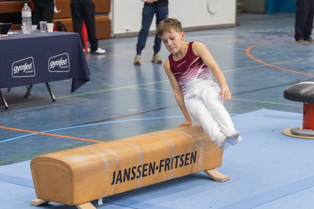 Young gymnast in burgundy and white leotard performs a balanced seated position on Janssen-Fritsen pommel horse