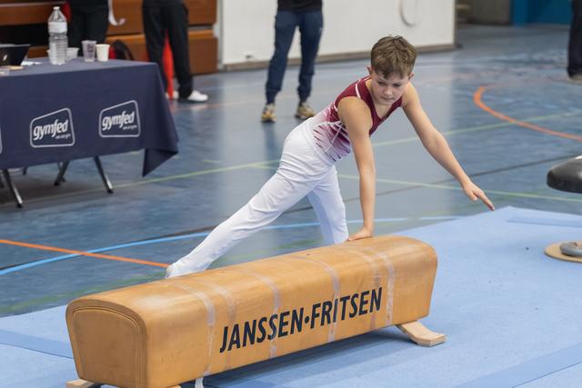 Young gymnast balances on a Janssen-Fritsen vault with arms extended, demonstrating strength and concentration