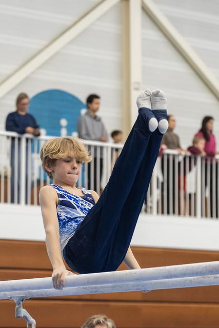 Young male gymnast performs L-sit hold on parallel bars, legs extended upward, spectators watching from balcony above