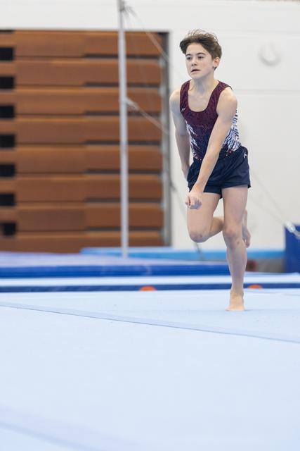 Young gymnast in purple and black leotard performs floor routine, striking a poised one-legged stance during practice.