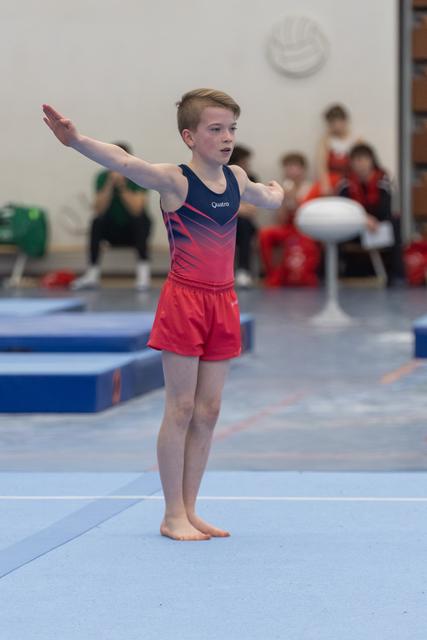 Young gymnast in navy and red leotard stands with arm extended on floor mat, focusing before routine begins