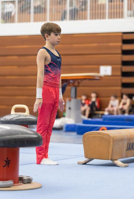 Young gymnast in red and blue uniform stands at attention beside pommel horse, displaying focused concentration