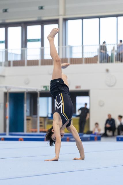 Young gymnast performs a handstand on floor exercise mat, demonstrating balance and strength in an indoor training facility