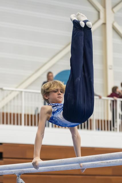 Young gymnast performing a handstand on parallel bars, displaying concentration and strength during routine