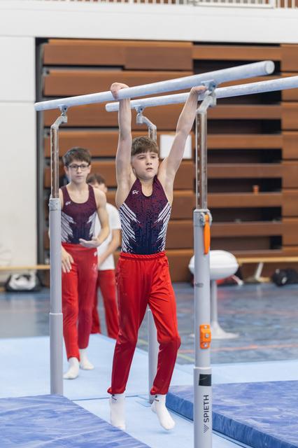 Young gymnast in purple and red outfit hangs from parallel bars during training session in indoor gymnasium