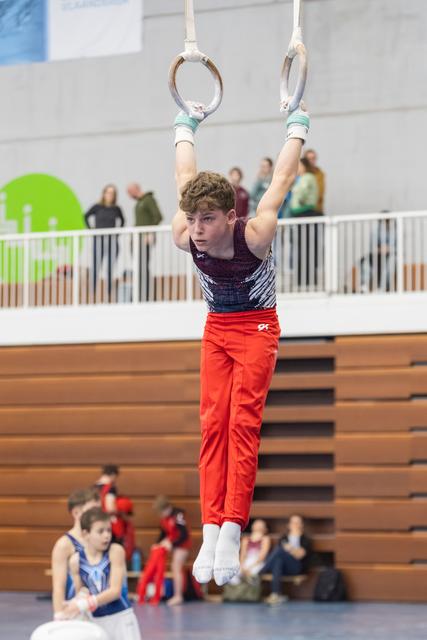 Young gymnast in red pants hanging from still rings with focused expression, spectators watching from bleachers