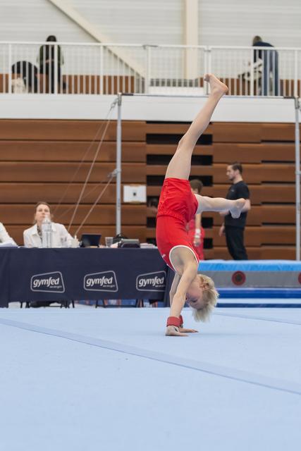 Young gymnast in red leotard performs headstand on floor mat during routine with judges table visible in background