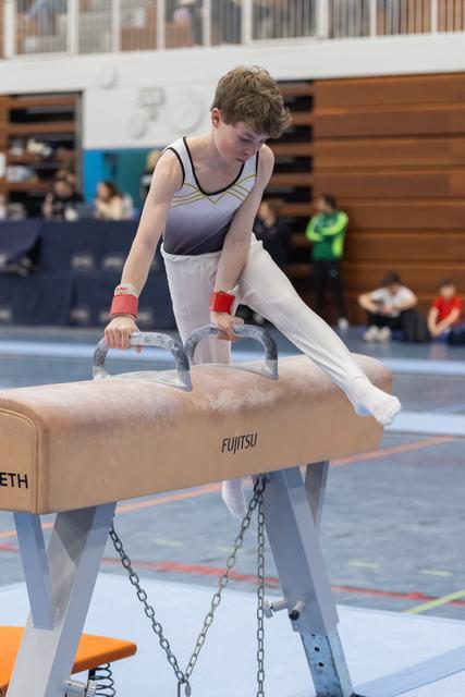 Young gymnast in grey and white leotard performs on pommel horse, focused concentration visible as he grips the apparatus