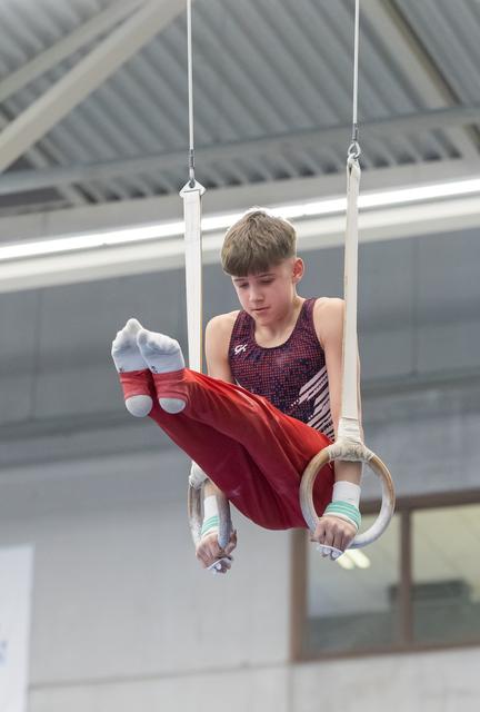 Young gymnast performing horizontal hold on rings, wearing purple leotard and red pants in indoor training facility