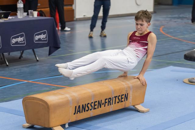 Young gymnast in maroon and pink leotard performs L-sit position on pommel horse, showing intense focus and control