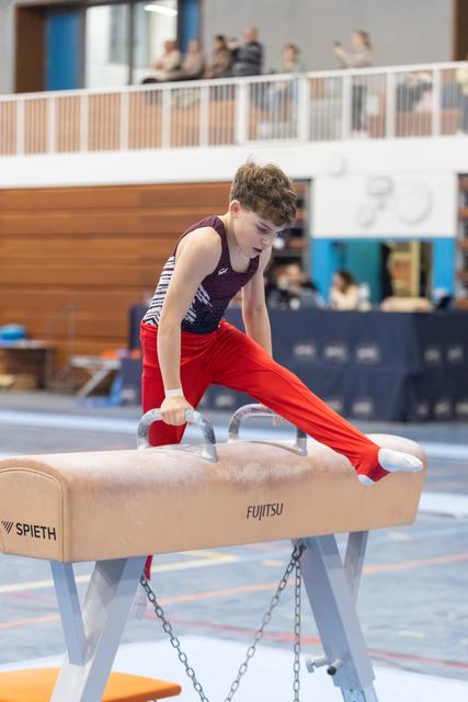 Young gymnast performing on pommel horse in red pants and purple leotard, focused expression during routine at indoor facility