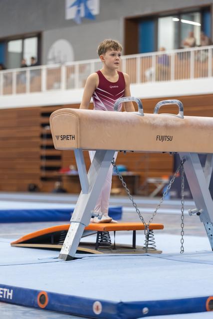 Young male gymnast in maroon leotard stands behind pommel horse, focused and ready before his routine in training facility
