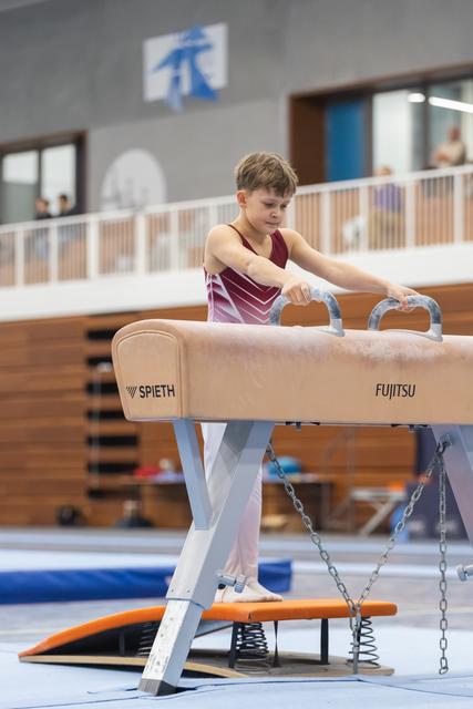 Young gymnast grips pommel horse handles with focused concentration, preparing for his routine in indoor training facility