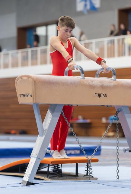 Young gymnast in red leotard gripping pommel horse handles, focused concentration before routine in training facility