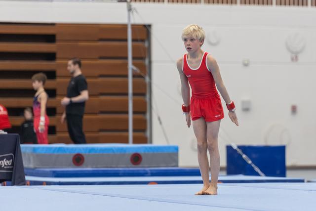 Young gymnast in red leotard stands on floor mat with focused expression, hands wrapped, during routine