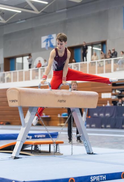 Young male gymnast in red pants and purple leotard performing on Spieth pommel horse in indoor training facility