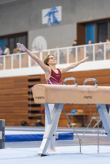 Young gymnast completing pommel horse routine with arms extended upward in triumphant finish pose, wearing maroon leotard