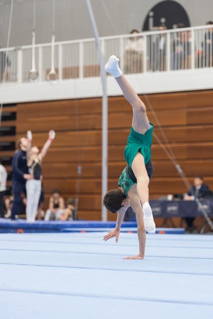 Gymnast performing handstand on floor exercise mat in green leotard, legs extended upward, spectators visible in background
