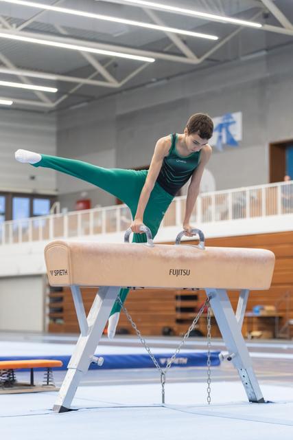 Young gymnast executing a horizontal split handstand on pommel horse, demonstrating strength and control in training facility