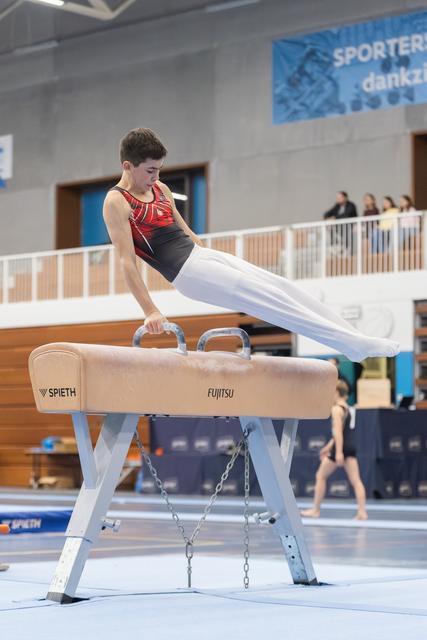 Young male gymnast performing a planche hold on pommel horse, body parallel to ground in red and black leotard