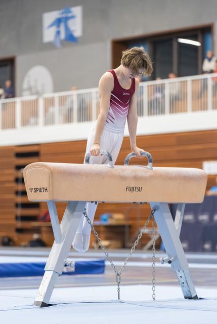 Young gymnast positions hands on pommel horse grips, focused and concentrated before performing routine in training facility
