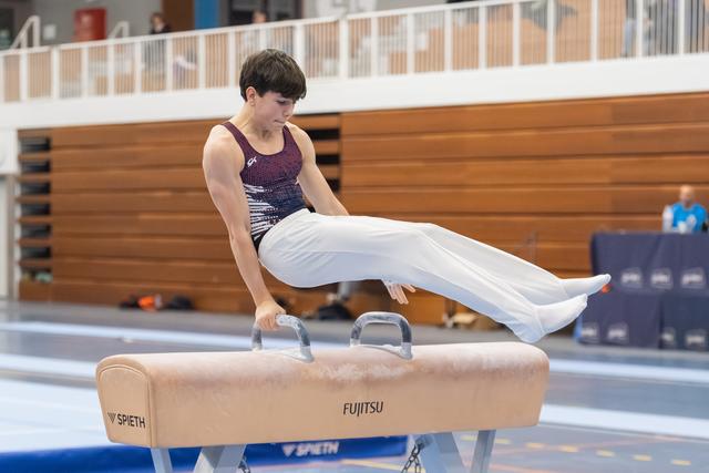 Male gymnast executes a horizontal hold on pommel horse, demonstrating strength and control in a training facility