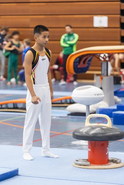 Young gymnast in white and tricolor uniform stands focused beside pommel horse apparatus, awaiting his turn in the gym