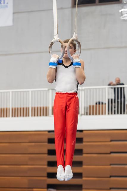 Young gymnast in white leotard and red pants hangs from rings, demonstrating strength and focus during training