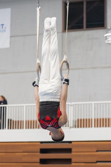 Young gymnast performing an inverted hang on rings, arms stretched upward, wearing white shirt and red-black shorts