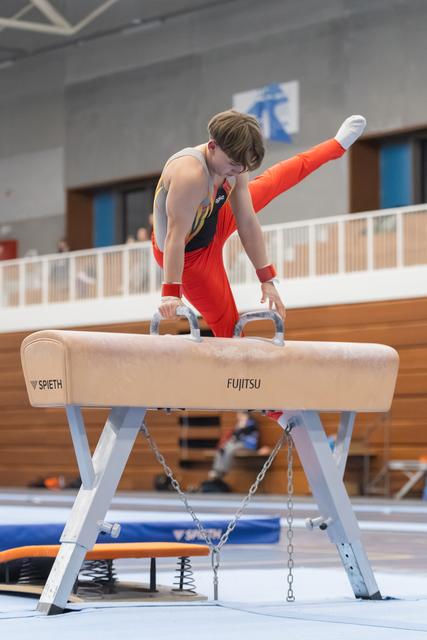 Young male gymnast in red leotard performs a handstand element on pommel horse, demonstrating strength and control in gymnasium