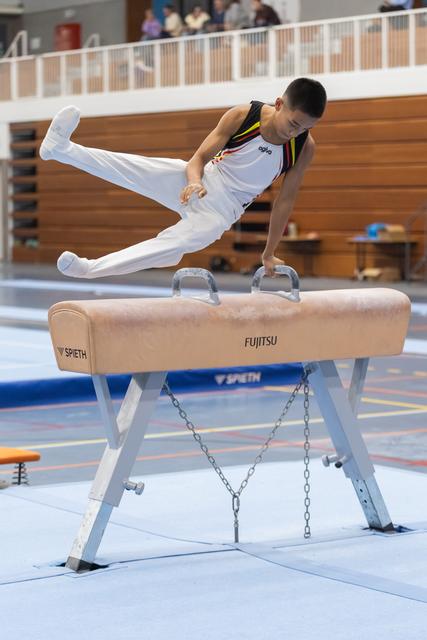 Young gymnast performs a horizontal balance position on pommel horse, demonstrating strength and control during training