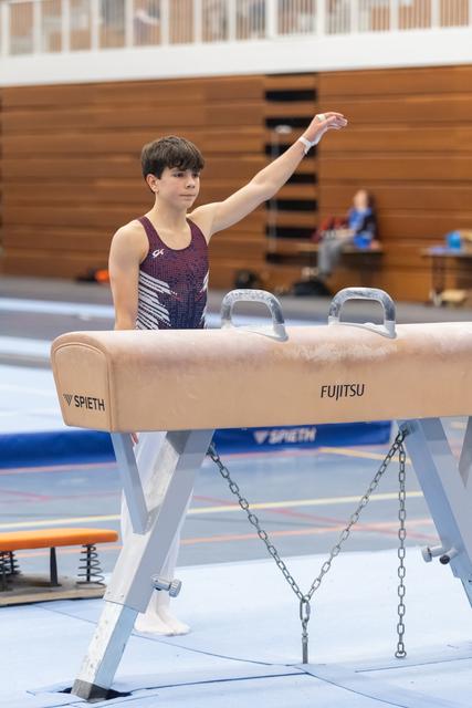 Young gymnast raises arm in salute beside Fujitsu pommel horse during training session in wooden gymnasium